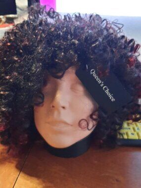 NEW TAG ! Queen's Choice Short Hair Spiral Curly Wig Dark Brown Red Highlight